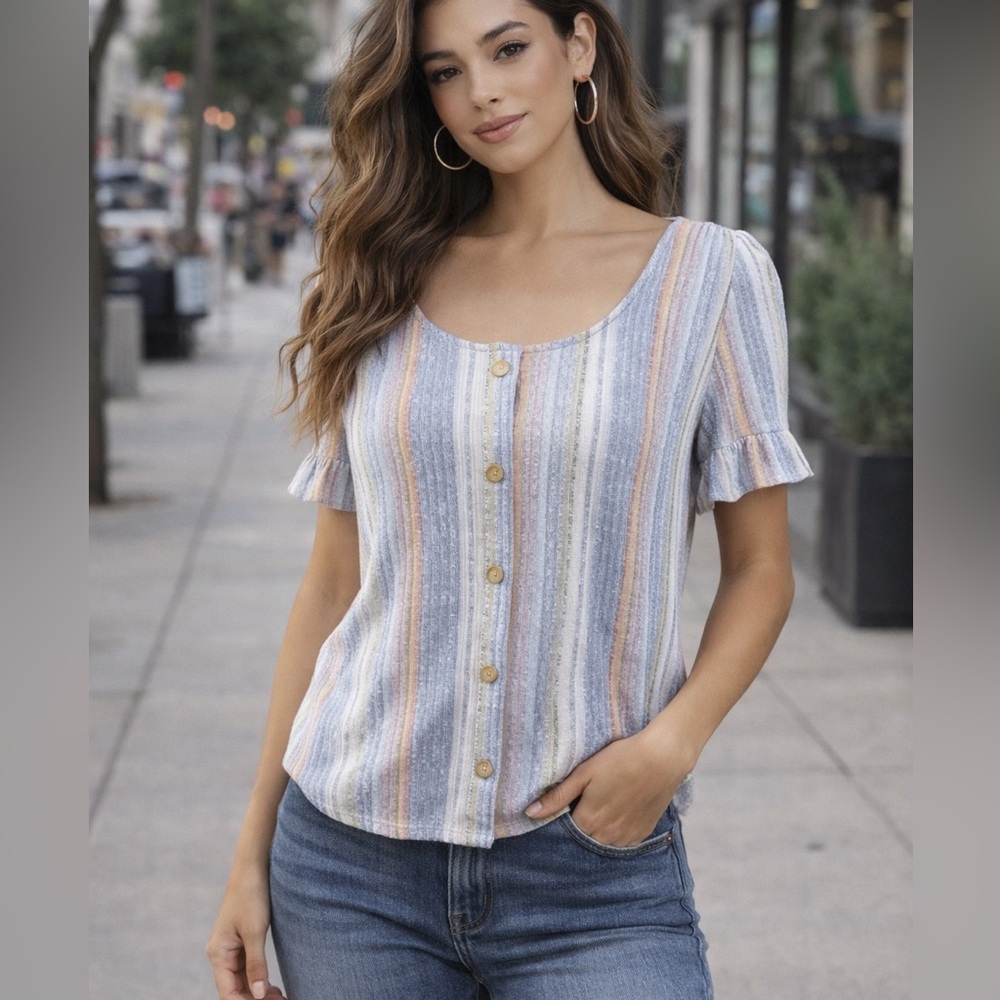 W5 Striped Faux Button Blouse Small Soft Girl Cottagecore Boho Flutter Sleeve